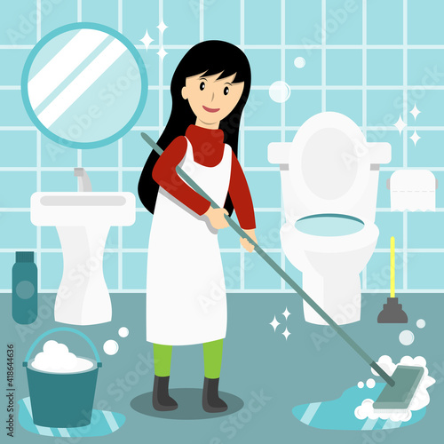 Young woman cleaning the bathroom cartoon vector. Housewife mopping the floor.