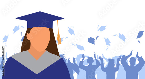 Girl graduate in mantle and academic square cap on background of cheerful crowd of graduates throwing their academic square caps. Graduation ceremony. Vector illustration