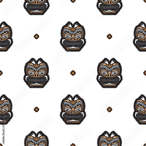 Seamless pattern with the face of the Polynesian tribesmen. Good for prints, backgrounds, cards, and textiles. Vector illustration.