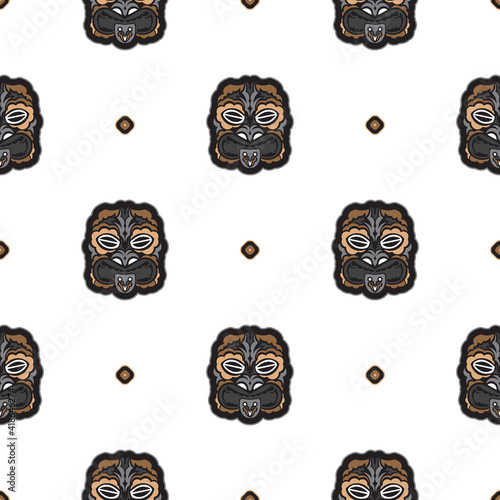 Seamless pattern with the face of the Polynesian tribesmen. Good for prints, backgrounds, cards, and textiles. Vector