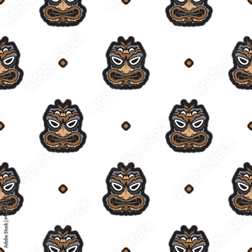 Seamless pattern with the face of the Polynesian tribesmen. Good for prints, backgrounds, postcards, wrapping paper, and textiles. Vector illustration.