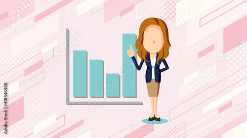 棒グラフの前に立つスーツ姿の女性のイラスト	