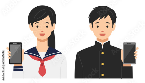 笑顔でこちらにスマホを見せる学生の男女