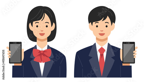 笑顔でこちらにスマホを見せる学生の男女