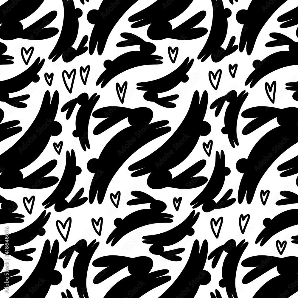 Easter seamless pattern with rabbits and hearts black and white. Vector illustration Easter seamless pattern with rabbits and hearts black and white. Vector illustration