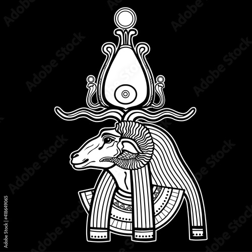 Animation portrait Ancient Egyptian god Khnum. Deity of Nile source, god with ram. Profile view.  Vector illustration isolated on a black background. Print, poster, t-shirt, tattoo.