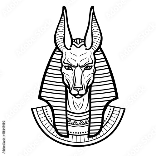 Animation portrait Ancient Egyptian god Anubis. Deity with canine head. God of death. Vector illustration isolated on a white background. Print, poster, t-shirt, tattoo.