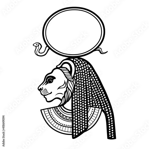 Animation portrait Ancient Egyptian goddess with head of  Lioness,  disk of  sun. Tefnut, Sehmet, Bastet. Profile view.  Vector illustration isolated on a white background. Print, poster, tatoo. 