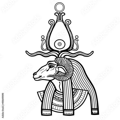 Animation portrait Ancient Egyptian god Khnum. Deity of Nile source, god with ram. Profile view.  Vector illustration isolated on a white background. Print, poster, t-shirt, tattoo.