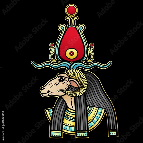 Animation color portrait Ancient Egyptian god Khnum. Deity of Nile source, god with ram. Profile view.  Vector illustration isolated on a black background. Print, poster, t-shirt, tattoo.