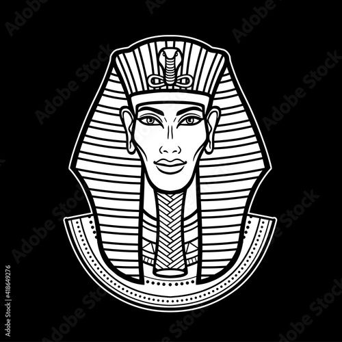 Animation  portrait Egyptian man. Pharaoh, king, mummy. Vector illustration isolated on a black background. Print, poster, t-shirt, tattoo.