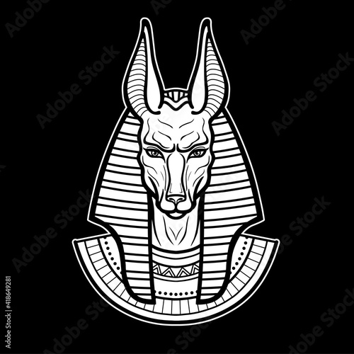 Animation portrait Ancient Egyptian god Anubis. Deity with canine head. God of death. Vector illustration isolated on a black background. Print, poster, t-shirt, tattoo.