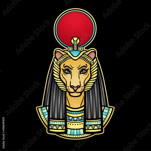 Animation  color portrait Ancient Egyptian goddess with head of  Lioness, disk of sun. Tefnut, Sekhmet, Bastet.  Vector illustration isolated on a black background. Print, poster, tatoo. 