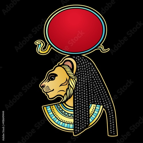 Animation color portrait Ancient Egyptian goddess with head of  Lioness, disk of sun. Tefnut, Sehmet, Bastet. Profile view.  Vector illustration isolated on a black background. Print, poster, tatoo. 