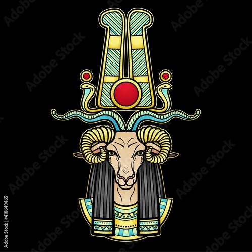Animation color portrait Ancient Egyptian god Khnum. Deity of Nile source, god with ram. Vector illustration isolated on a black background. Print, poster, t-shirt, tattoo.