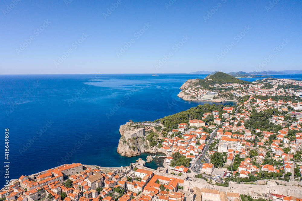 Aerial drone shot of west Dubrovnik with view of Fort Lovrijenac and Lapad peninsula in Croatia summer