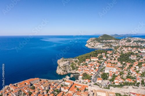 Aerial drone shot of west Dubrovnik with view of Fort Lovrijenac and Lapad peninsula in Croatia summer