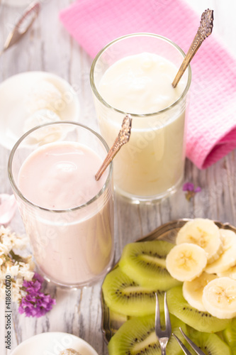 Fruity oghurt smoothie and fresh fruit for breakfast photo