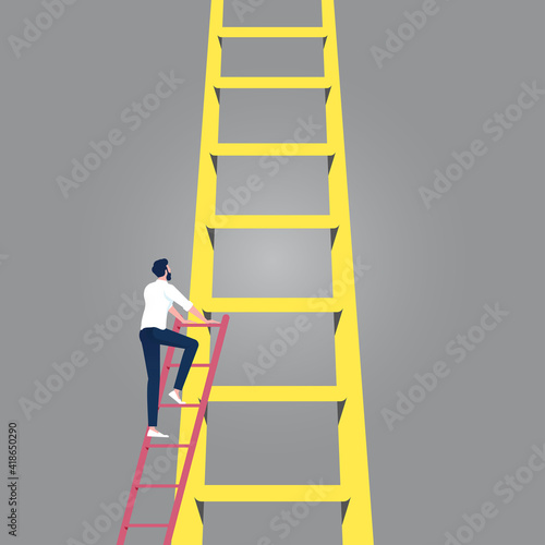 Startup entrepreneur and joining an established business market as a businessman climbing a small ladder to join a bigger one as a success metaphor