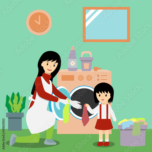 Daughter helping her mother doing the laundry. little girl passing clothes from basket to her mother to wash in washing machine. family doing housework together cartoon vector concept