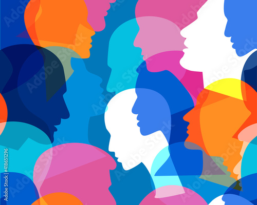 People profile heads. Seamless pattern of a crowd of many different people profile heads. Vector background.