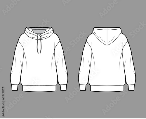 Hoody sweatshirt technical fashion illustration with long sleeves, oversized body, banded cuff, drawstring. Flat garment apparel template front, back, white color style. Women, men, unisex CAD mockup
