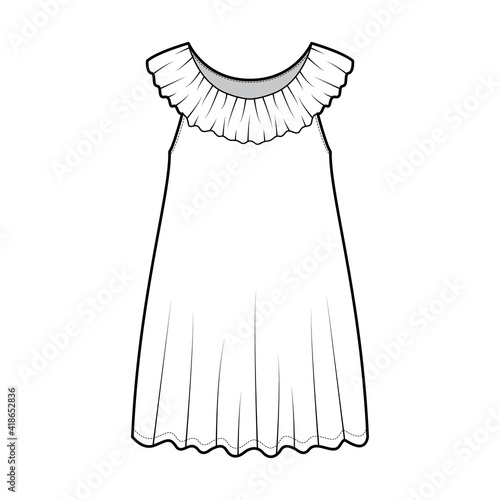 Negligee dress Sleepwear Pajamas technical fashion illustration with mini length, oversized, Pierrot frilled collar, trapeze silhouette. Flat front, white color style. Women, men unisex CAD mockup
