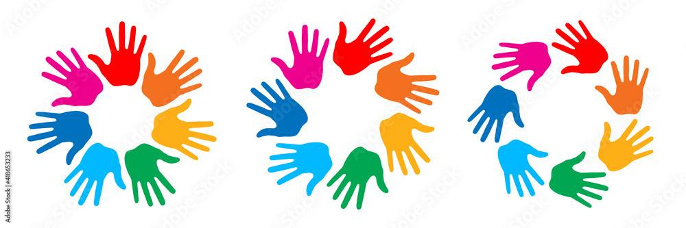 Hand Print circle icon set. Colorful bright design element. Handprint emblems. Hand round insignia. Vector logo Hand Print circle icon set. Colorful bright design element. Handprint emblems. Hand round insignia. Vector logo