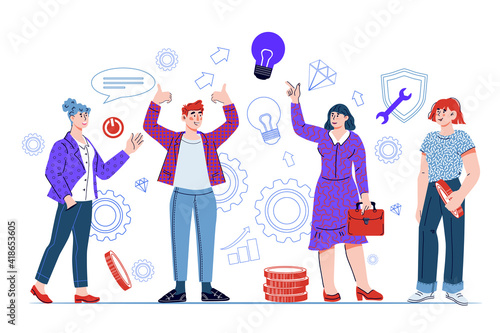 Business team people with lightbulb, cartoon vector illustration isolated on background. Brainstorming and teamwork, funding for innovation and crowdfunding .