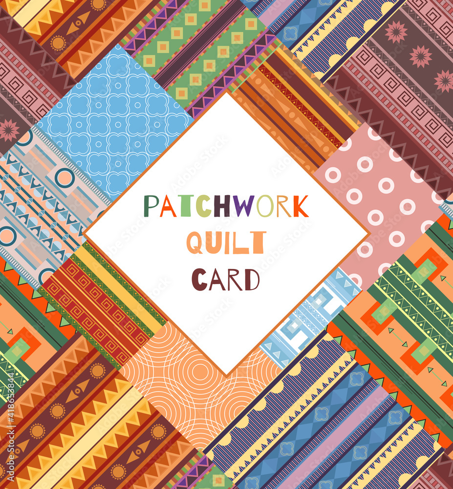 Square card of cozy tribal patchwork blanket and place for text. Geometric ethnic pattern. Banner with fabric pattern. Greeting card with pieces of decorations. Folk bedspread texture Square card of cozy tribal patchwork blanket and place for text. Geometric ethnic pattern. Banner with fabric pattern. Greeting card with pieces of decorations. Folk bedspread texture