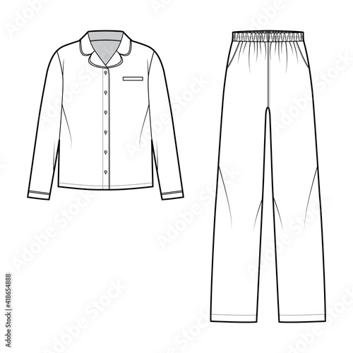 Set of Sleepwear Pajamas shirt, pants technical fashion illustration with full length, low waist, oversized, pockets, button closure, long sleeves. Flat front, white color style. Women, men CAD mockup