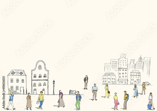 鉛筆描き　街の人々
