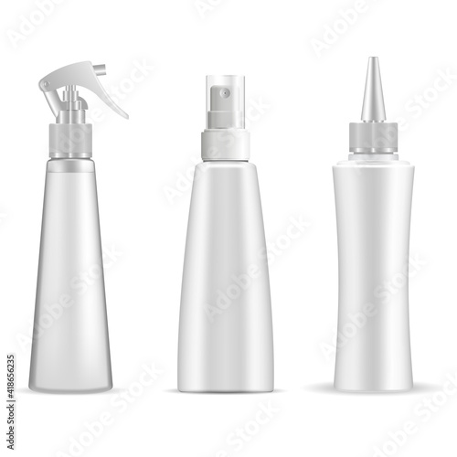 Spray bottle. Cosmetic spray mockup, trigger pump spray, plastic packaging, vector blank. Merchandise product container, pistol spray cap realistic template. Hairspray dispenser, bathroom deodorant