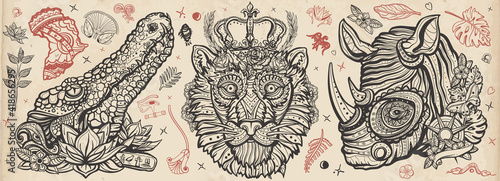 African wild animals portrait. Royal lion, evil crocodile and romantic rhino. Zoo art. Safari in Africa. Traditional retro tattooing style. Old school tattoo vector collection
