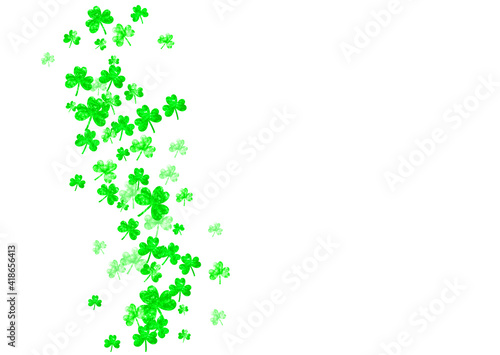 Saint patricks day background with shamrock. Lucky trefoil confetti. Glitter frame of clover leaves. Template for voucher, special business ad, banner. Happy saint patricks day backdrop.