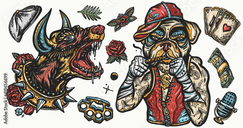 Dogs. Evil doberman and crime boxer bulldog. Cartoon animals character. Hip-hop and gangsta lifestyle. Criminal street culture elements. Ghetto underground art. Old school tattoo vector collection