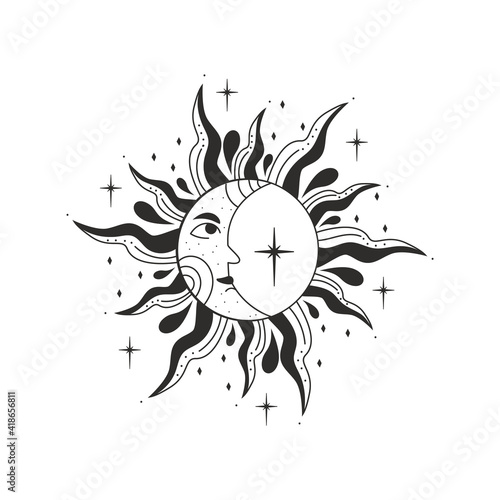 Vector illustration of moon and sun. Graphic design. Tatoo.