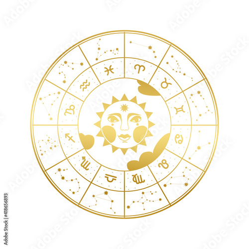 Vector illustration of sun with zodiac and constellations signs. Gold gradient. The illustration is isolated.