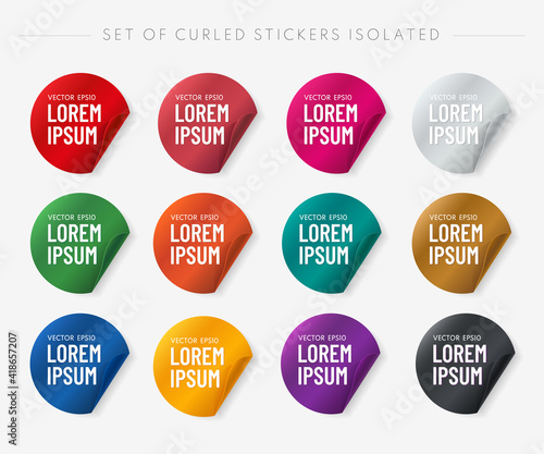 Set of curled round stickers isolated on white background. Simple trendy color icon set. It can be use for price, promo, adv and etc. Vector illustration.