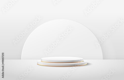 Abstract vector rendering 3d shape for advertising product display presentation. Luxury white and golden cylinder pedestal podium, Empty room and circular shape backdrop. Minimal wall scene.