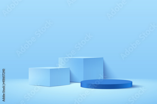 Modern lblue cube and cylinder pedestal podium, Light blue empty room background. Abstract vector rendering 3d shape for advertising product display. Pastel studio room concept. Minimal wall scene. photo