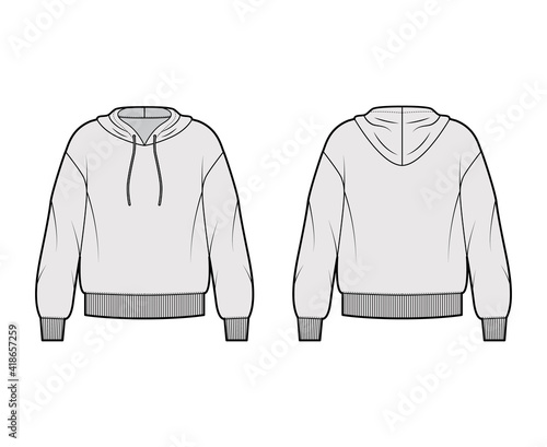 Hoody sweatshirt technical fashion illustration with long sleeves, oversized body, banded hem, drawstring. Flat large apparel template front, back, grey color style. Women, men, unisex CAD mockup