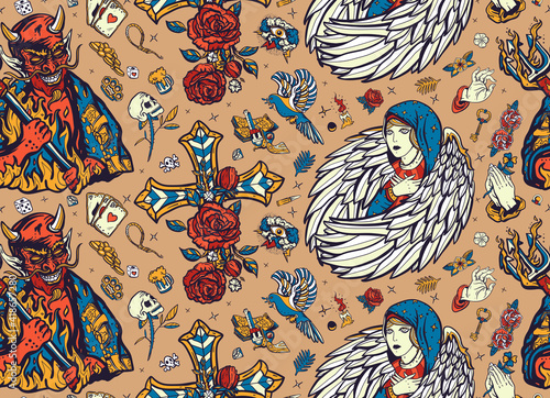 Angel and demon seamless pattern. Paradise and Hell art. Terrible satan with pitchforks and holy nun. Old school tattoo style. Good and evil. Cross with roses, hands prayer, dove. Sin and holiness