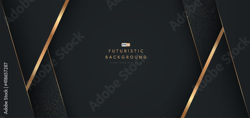 Abstract black geometric shape background with diagonal golden line and glitter texture. Design for presentation, banner, cover, web, flyer, card, poster, game, texture, slide. Vector illustration