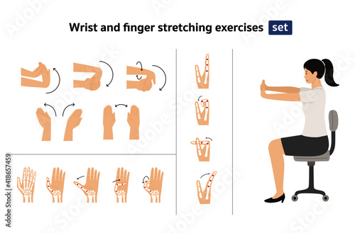 wrist and finger stretching exercises set, woman sit on chair doing self stretching exercise cartoon