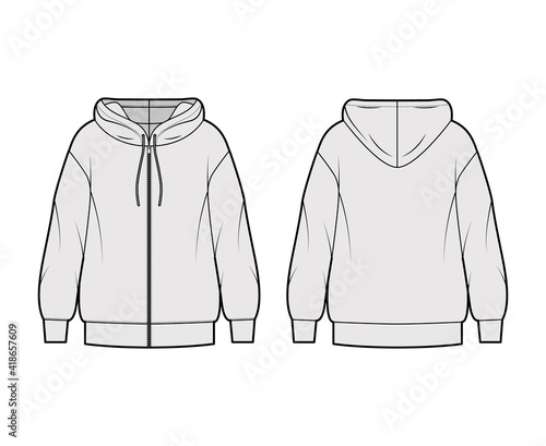Zip-up Hoody sweatshirt technical fashion illustration with long sleeves, oversized body, banded hem, drawstring. Flat apparel template front, back, grey color style. Women, men, unisex CAD mockup