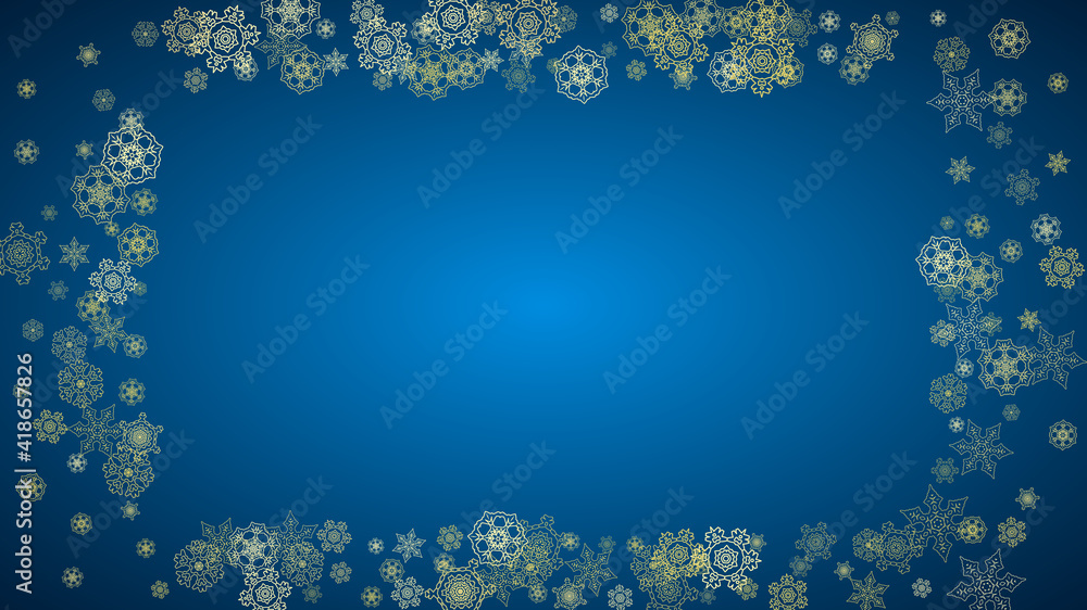 Fototapeta premium New Year snow on blue background. Gold glitter snowflakes. Christmas and New Year snow falling backdrop. For season sales, special offers, banner, cards, party invite, flyer. Horizontal frosty winter.