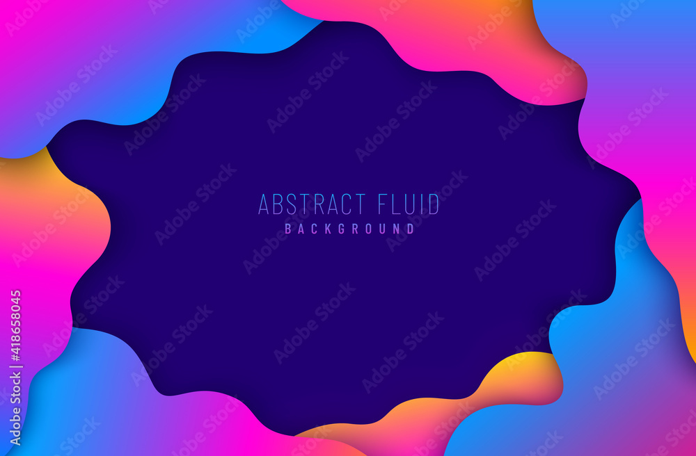 Abstract blue purple pink & yellow liquid wavy shapes futuristic background with copy space. Trendy gradient glowing waves vector template design. Vector illustration