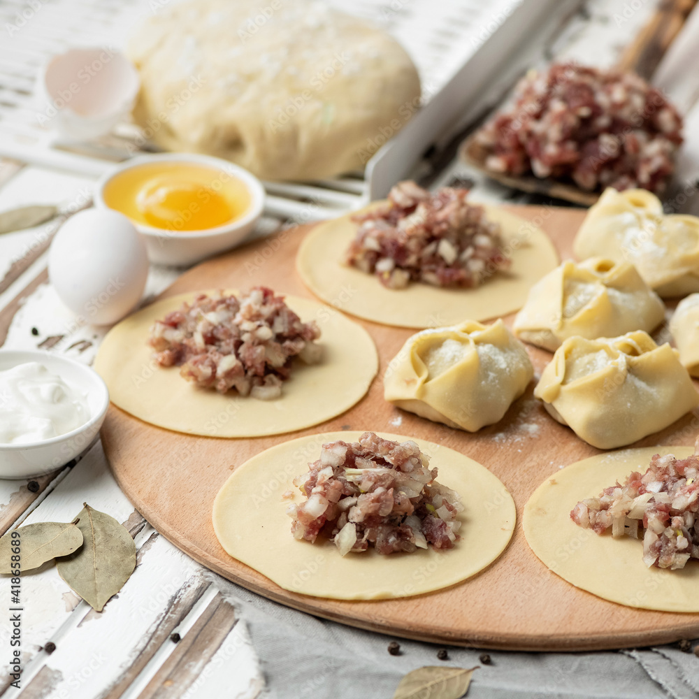 Process of cooking Homemade dumplings. Raw Meat filling on rolling dough circles. Top view. Ingredients and kitchen utensils to create delicious culinary masterpiece. Square format. Process of cooking Homemade dumplings. Raw Meat filling on rolling dough circles. Top view. Ingredients and kitchen utensils to create delicious culinary masterpiece. Square format.