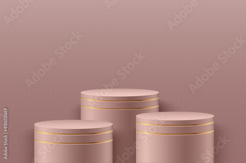 Abstract vector rendering 3d shape for placing the product display. Luxury pink gold cylinder stand podium set with luxury glowing glitter wall scene background. Vector illustration